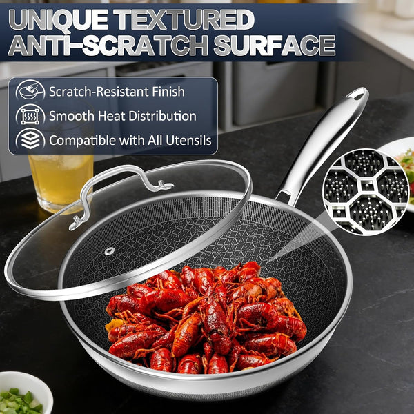 Woks & Stir-Fry Pans Nonstick - Hybrid 304 Stainless Steel Wok 10.8" Non Stick Wok Pan with Lid for Induction, Electric, Gas, All Stoves, PFOA Free Cookware, Dishwasher and Oven Safe7