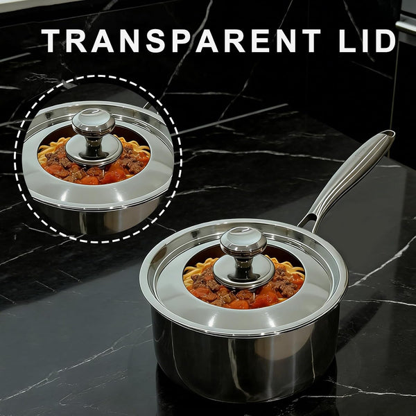 3.5 QT Tri-Ply Stainless Steel Saucepan with Visible Lid Small Pot Sauce Pan for Cooking Milk Noodle Pasta Soup Vegetable, Dishwasher Safe Induction Compatible(Detachable Handle)5