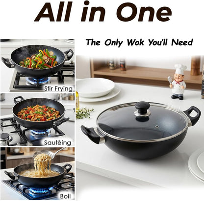 Non Stick Imperial Classic Wok with Glass Lid – Pfoa-Free Nonstick Wok Pan, Tempered Glass Lid with Steam Vent, Easy Clean Stir Fry Wok for Gas & Electric Stovetops (13")6