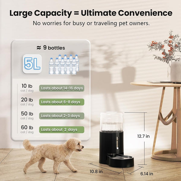 CZPET Dog Water Bowl Dispenser 5L, Wider Mouth Gravity Refilling (Black) | Automatic Cat Waterer with Removable Stainless Steel Bowl, Upgraded Brush, Easy Cleaning, Large Drinking Area for Multi-Pet4
