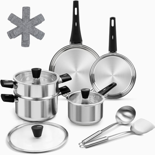 14Pcs Kitchen Pots and Pans Set, Stainless Steel Cookware Set Non Toxic, Induction Cooking Pot and Pan Set with Stay-Cool Handles, Healthy PFAS, PFOA, PFOS Free, Dishwasher Safe1