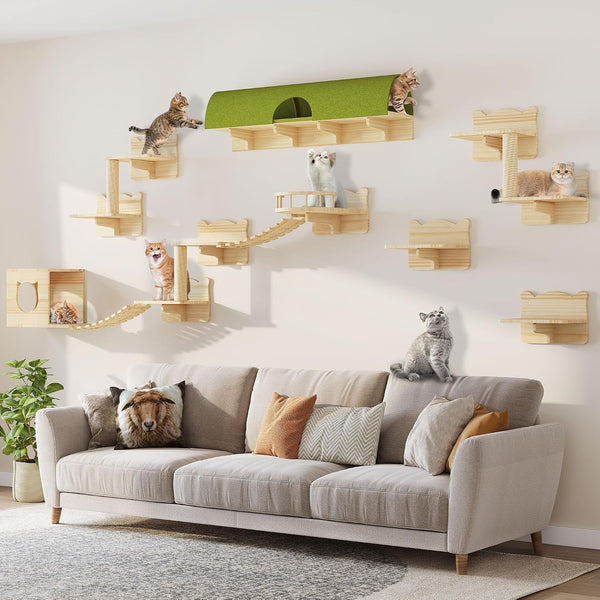 9-In-1 Cat Wall Shelves, Cat Wall Furniture Set with Bridge, Beige | Wall Mounted Cats Shelf for Space-Saving, Multi-Level Cat Climbing Systems for 16 Inch Drywall, with Scratching Posts, Condos20