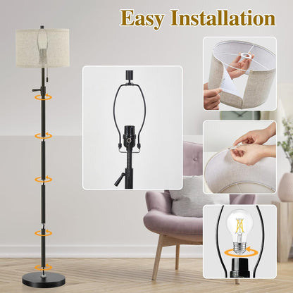 Black Floor Lamp, Height Adjustable Standing Lamp Tall Lamp with Fabric Lampshade&Pull Chain Corner Floor Lamps for Living Room, Bedroom & Office Bulbs Not Included(Black Base)6