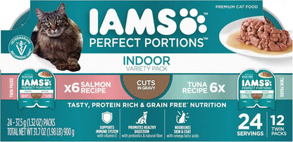 IAMS Perfect Portions Cuts in Gravy Wet Cat Food, Tuna & Salmon, 12 Count | Tuna & Salmon Cuts in Gravy, 2.6 Oz. Snap-Peel-Serve Twin Packs, Vitamin E Immune Support, Prebiotic Fiber, Made in USA1