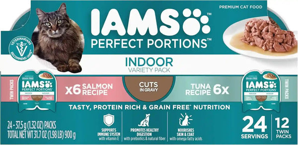 IAMS Perfect Portions Cuts in Gravy Wet Cat Food, Tuna & Salmon, 12 Count | Tuna & Salmon Cuts in Gravy, 2.6 Oz. Snap-Peel-Serve Twin Packs, Vitamin E Immune Support, Prebiotic Fiber, Made in USA1