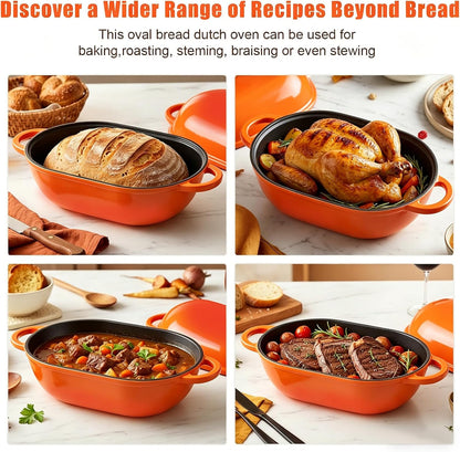 5 QT Enameled Cast Iron Sourdough Bread Oven, Loaf Pan with Lid | Oval Dutch Oven for Homemade Sourdough Bread Baking, Oven Safe up to 500°F, Meatloaf Pan with Dome Lid, Orange6