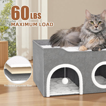 Cat House for Indoor with Fluffy Ball and Scratch Pad | 35” Foldable Cat Bed with Removable Divider,3 Separate Cat Cave for Multi Cats Puppy Family5