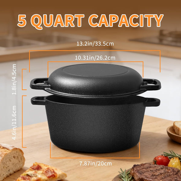 Pre-Seasoned Cast Iron Dutch Oven for Bread Baking - Incl. Sourdough Bread-Baking Supplies like Proofing Basket, 2-In-1 Dutch Oven Pot with Skillet Lid and Dual Handles, Sour Dough Tools, Lame, 5QT2