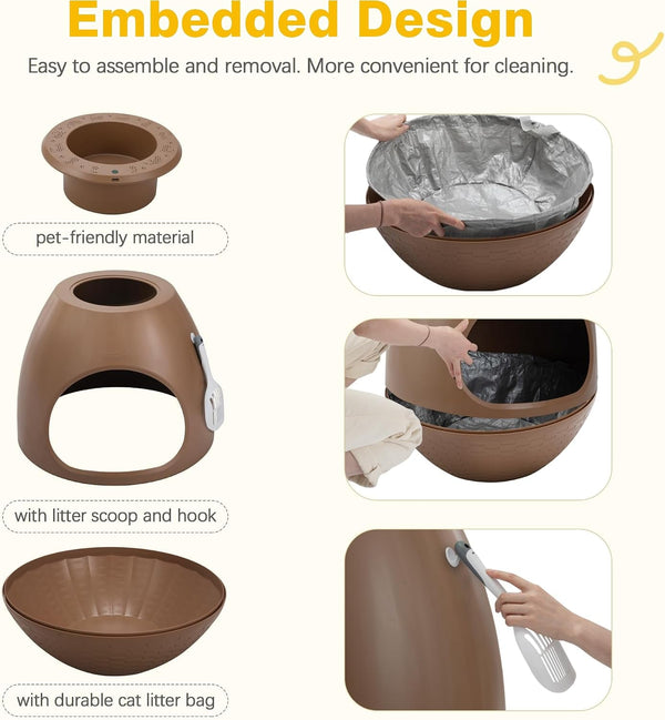 Eggloa6 Hidden Cat Litter Box with Artificial Plants ＆ Odor Removal System, Egg-Shaped Enclosure Includes Scoop ＆3PCS Liners Secret, Discreet Furniture, DIY Assembly Cat Litter Box Cabinet (Brown)9