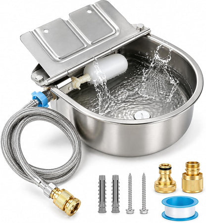 FHTONGE 304 Stainless Steel Automatic Dog Water Bowl Dispenser with Outfall | Float Valves Auto Fill, Wall-Mounted Dog Waterer for Outdoor Big Dog Livestock Poultry Horse Cow Goat Pig Chicken Duck Rabbit1