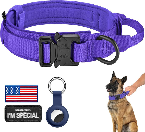 DAGANXI Tactical Dog Collar, Adjustable Military Training Nylon Dog Collar with Control Handle and Heavy Metal Buckle for Medium and Large Dogs, with Patches and Airtags Case (L, Black)17