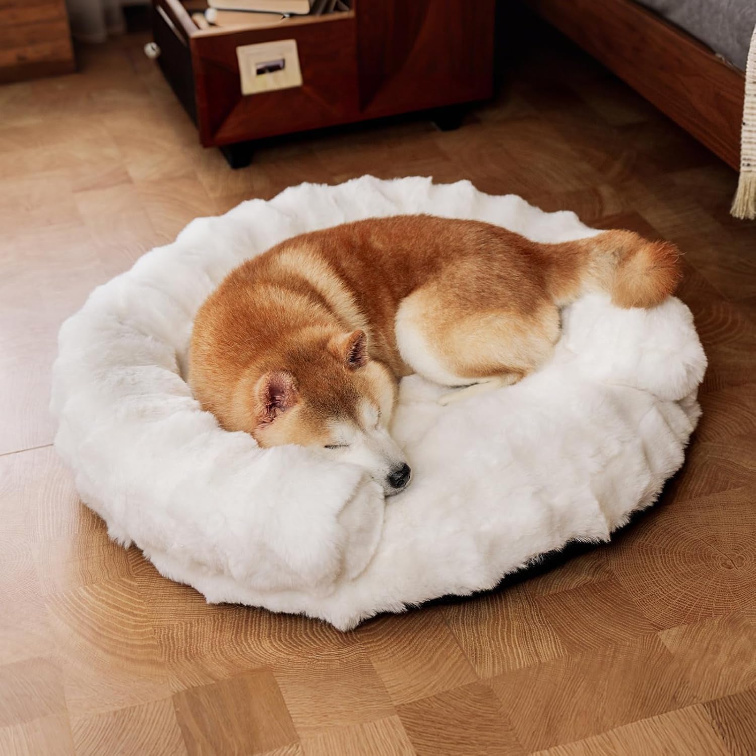 dog-bed-couch-sofa-for-small-medium-dogs-cats-30x30x9-round-white-round-plush-orthopedic-washable-removable-cover-anxiety-relief