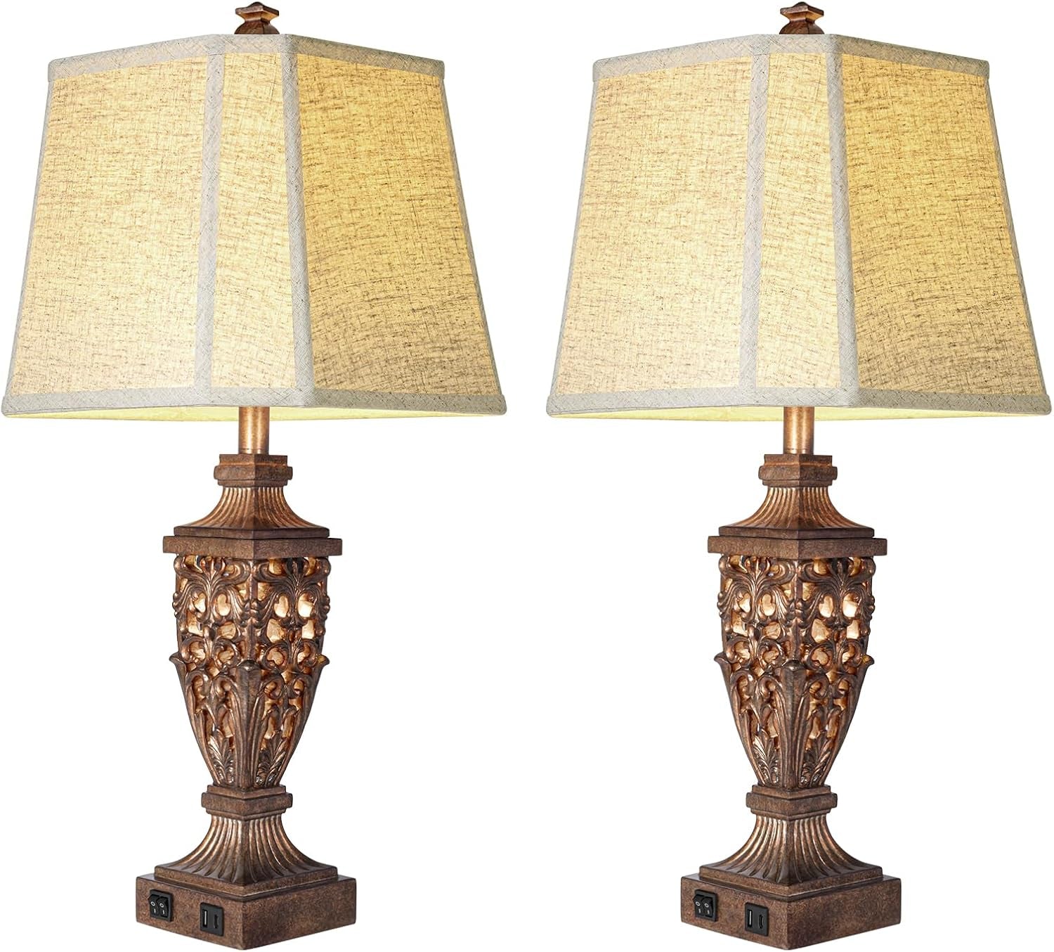 vintage-resin-table-lamps-with-night-light-for-bedroom-living-room-28-5-tall-night-light-farmhouse-table-lamps-set-of-2-with-usb-a-c-charging-ports-linen-shade-bulb-included-bedside-lamp
