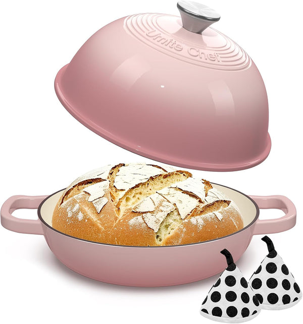 Cast Iron Dutch Oven Pot with Lid, round Bread Oven for Sourdough Bread Baking,  Enameled Cast Iron Bread Oven with Dome Lid & Cotton Potholders for Sourdough, Pink, 6 Quarts9