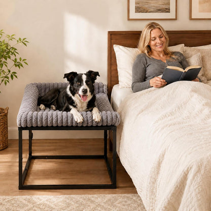 Adjustable Bedside Dog Bed for Medium Dogs, Elevated Co-Sleeper Dog Bed with Reinforced Metal Frame, Thick Supportive Cushion Mattress & Washable Cover, Dog Bedside Sleeper for Dogs & Cats1