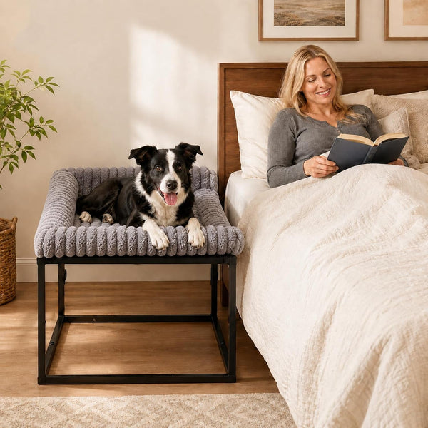 Adjustable Bedside Dog Bed for Medium Dogs, Elevated Co-Sleeper Dog Bed with Reinforced Metal Frame, Thick Supportive Cushion Mattress & Washable Cover, Dog Bedside Sleeper for Dogs & Cats1