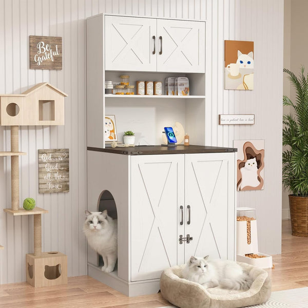 59.1" Cat Litter Box Enclosure for 2 Cats, Hidden Litter Box Furniture with Power Outlet & Removable Hallway, Lockable Door & Anti-Tip Design, Farmhouse Litter Box Cabinet with Magnetic Door, White11