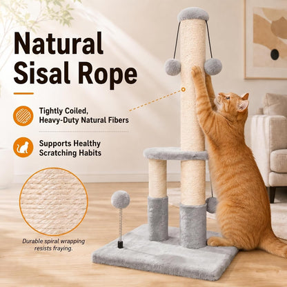 Dimaka Tall Cat Scratching Post, Double Lower Posts Extra Stable Cat Post Tree Scratcher with Sisal Rope and Teasing 4 Balls Total Large Base (Grey)4
