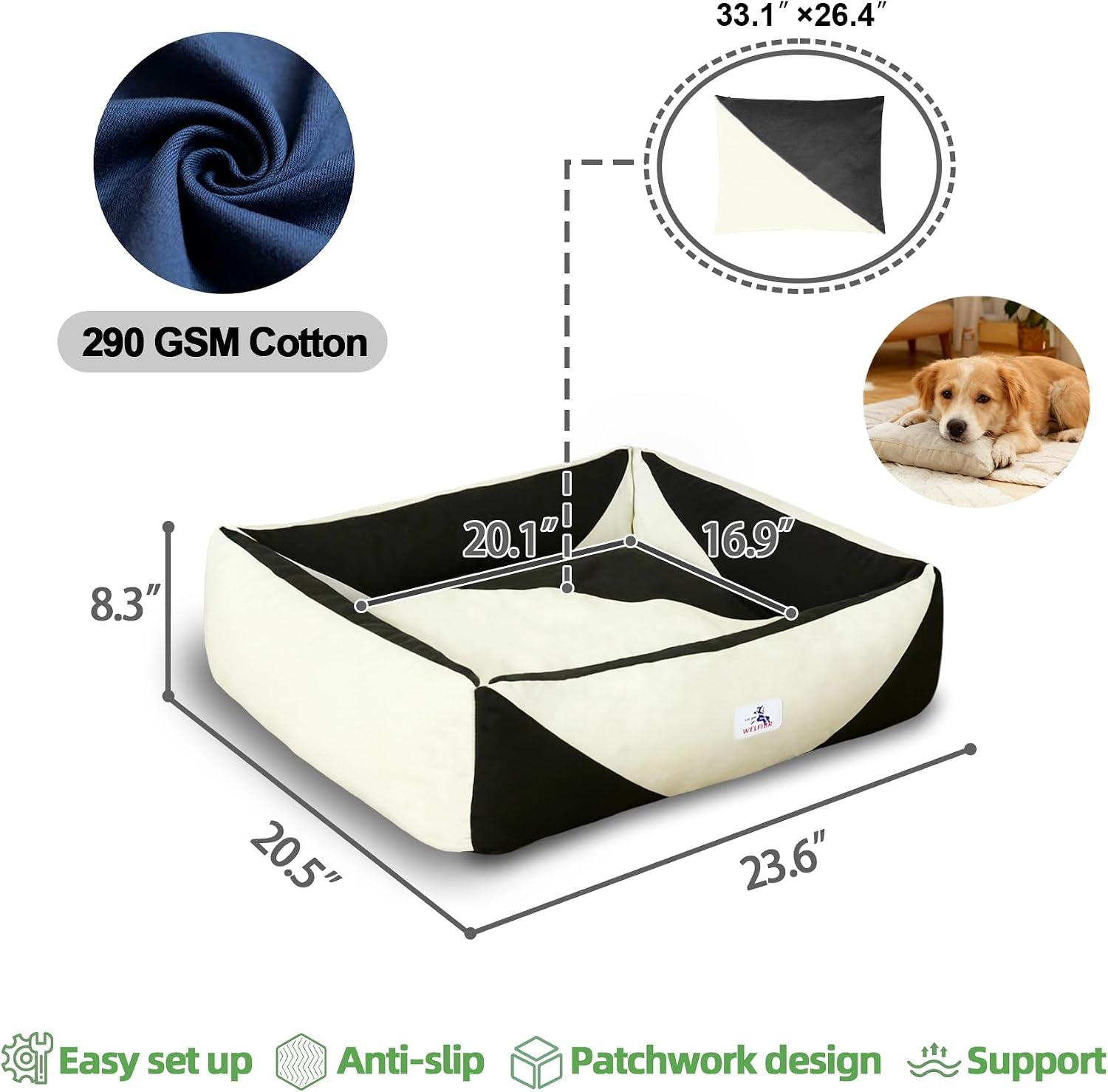 cotton-canvas-dog-bed-290gsm-thick-24x20x8-durable-waterproof-cute-dog-beds-for-small-dogs-orthopedic-bed-with-washable-removable-cover-anti-chewing-pet-bed-anti-slip-black-white