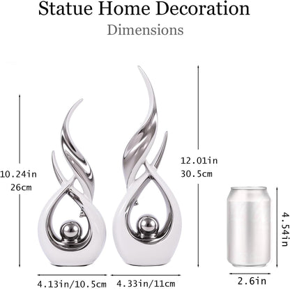 2 PCS White Silver Ceramic Statues for Home Decor Accents, Modern Abstract Art Sculptures, Elegant Tabletop Decorative Objects for Dining Room, Entryway, Tv Stand, Mantel, Coffee Table Centerpieces2