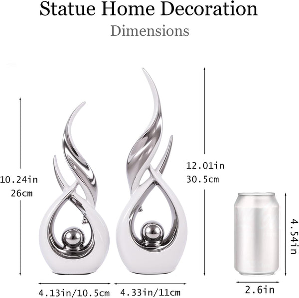 2 PCS White Silver Ceramic Statues for Home Decor Accents, Modern Abstract Art Sculptures, Elegant Tabletop Decorative Objects for Dining Room, Entryway, Tv Stand, Mantel, Coffee Table Centerpieces2