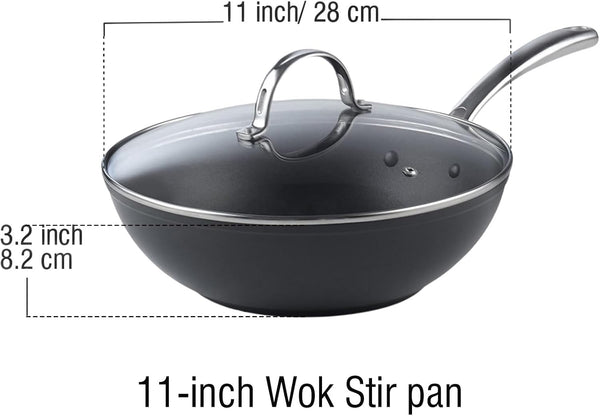 Classic 11-Inch Hard Anodized Nonstick Wok Stir Fry Pan | 3-Qt Deep Frying Pan with Vented Glass Lid, Stay-Cool Handle, Flat Bottom Wok Fits Most Stovetops, Not Induction2