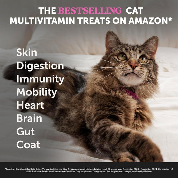 Cat Multivitamin Crunchy Creamy Chews - Daily Cat Vitamins with Lysine, Prebiotics, Omega 3 Fish Oil - Cat Treats for Immune Support, Skin Coat, Digestion, Heart + Joint Health (30-Day Supply)2