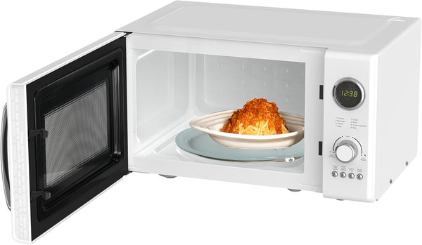 MWRG0901W 0.9 Cu. Ft. Retro Microwave with 1,000W Grill Function, 800W Cooking Power, LED Display, 5 Power Levels, 8 Auto Menus, Glass Turntable, Child Lock, White Countertop Design6