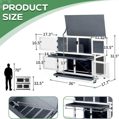 2 Story Solid Wood Rabbit/Bunny Hutch with 2 Large Main Rooms, Indoor Outdoor Rabbit House Guinea Pig Cage Pet House for Small Animals with Ventilation Door Removable Tray Waterproof Roof (Grey)7