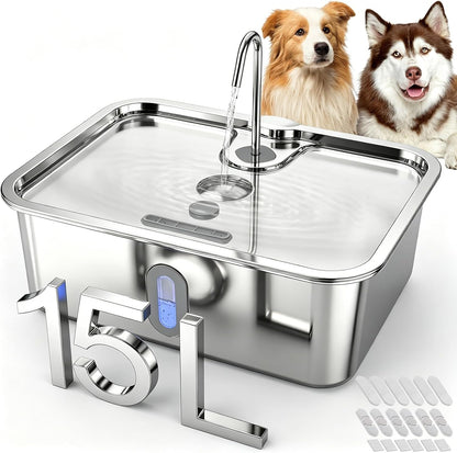 15L/4Gal Stainless Steel Dog Water Fountion Pet Fountain,1Set Filter | Ultra Quiet,Extra Large Capacity,5 Layer Filtration System,Water Level Window & LED Light, ,Visible Faucet Style Spout10