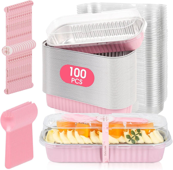 100 Pack Mini Cake Pans with Lids and Spoons, Disposable Aluminum Foil Cake Tins（6.8Oz） Individual Small Cake Baking Containers for Party, Wedding, Birthday1