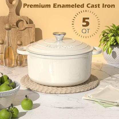 Enameled Cast Iron Dutch Oven -  5QT Pot with Lid & Cotton Potholders - Heavy-Duty Cookware for Bread Baking, Braising, Stews, Roasting(Cream White)3