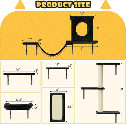 12-In-1 Cat Wall Shelves, Wall Mounted Cat Climber | with Condo House, Scratching Post, Bridge Ladder, Space-Saving Indoor Play Furniture for Kittens, Black8