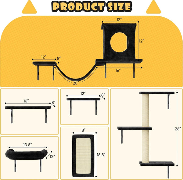 12-In-1 Cat Wall Shelves, Wall Mounted Cat Climber | with Condo House, Scratching Post, Bridge Ladder, Space-Saving Indoor Play Furniture for Kittens, Black8