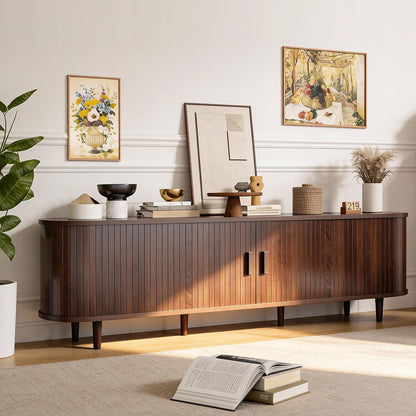 70" Mid Century Modern TV Stand, Wood TV Consoles with Sliding Doors and Power Outlet, Entertainment Center with Adjustable Shelves, Fluted TV Stands for Living Room, Walnut8