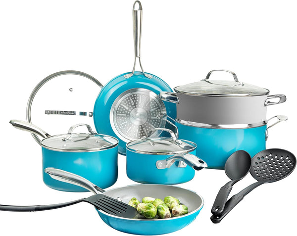 15 Pc Ceramic Cookware Set, Ceramic Pots and Pans Set Non Stick with Cooking Utensils and Steamer, Non Toxic PFOA PFOS Free, Premium Stay Cool Handles, Oven & Dishwasher Safe, Blue1