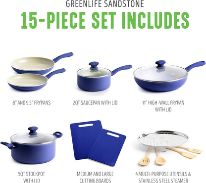 Sandstone Healthy Ceramic Nonstick, 15 Piece Kitchen Cookware Pots and Frying Sauce Pans Set, PFAS- Free, Dishwasher Safe, Blue3