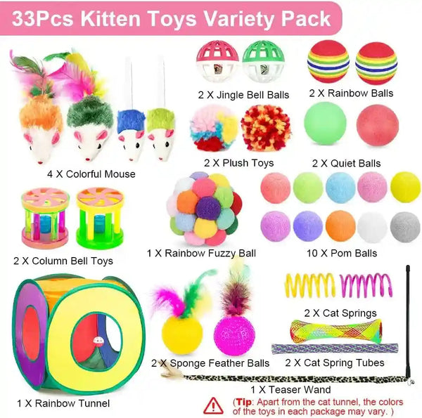 Retro Shaw 33 Pack Cat Toys for Indoor Cats, Collapsible Kitty Tunnel Tent with Feather Teaser Wand, Springs Balls Bell Mouse Interactive Kitten Hideaway Playhouse 15.7 Inches2