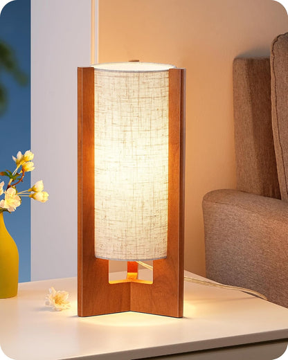 13.5" Small Table Lamp, Walnut Wood Cylinder Nightstand Lamp, E26 | Beige Linen Shade, On-Off Line Switch, Three-Sided Base, Corner Modern Bedside Lamp for Living Room, Bedroom1