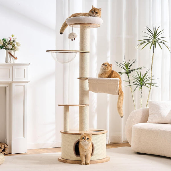 50" Modern Cat Tree for Indoor Cats Small to Medium, Solid Wood Cat Tower with Sisal Scratching Posts, Cat Scratcher Cardboard, Cozy Cat Beds & Hidden Cat Condo, Multi-Level Cat Furniture11