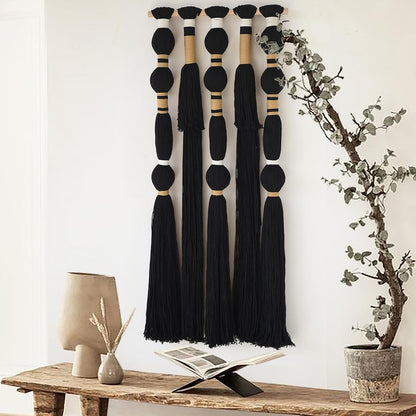 Macrame Wall Hanging Black Spherical Tassel Geometric Wall Art 15.7"W*39"L | Black Wall Art, Boho Style Piece, Modern Home Accent, Bedroom Hanging Decor, for Living Room, Apartment Interior Touch4