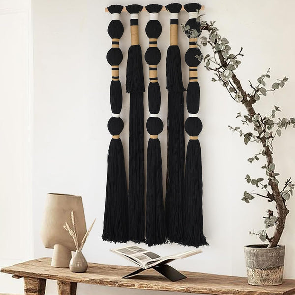 Macrame Wall Hanging Black Spherical Tassel Geometric Wall Art 15.7"W*39"L | Black Wall Art, Boho Style Piece, Modern Home Accent, Bedroom Hanging Decor, for Living Room, Apartment Interior Touch4