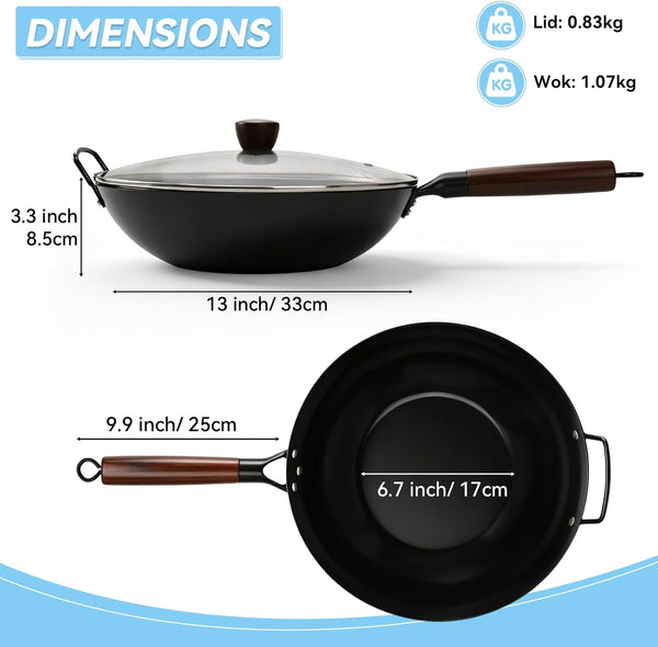 13-Inch Carbon Steel Wok Pan with Glass Lid Pre-Seasoned Flat Bottom Woks & Stir-Fry Pans Nonstick with Wooden and Steel Helper Handle Compatible with Induction, Gas, Electric, Open Fire6