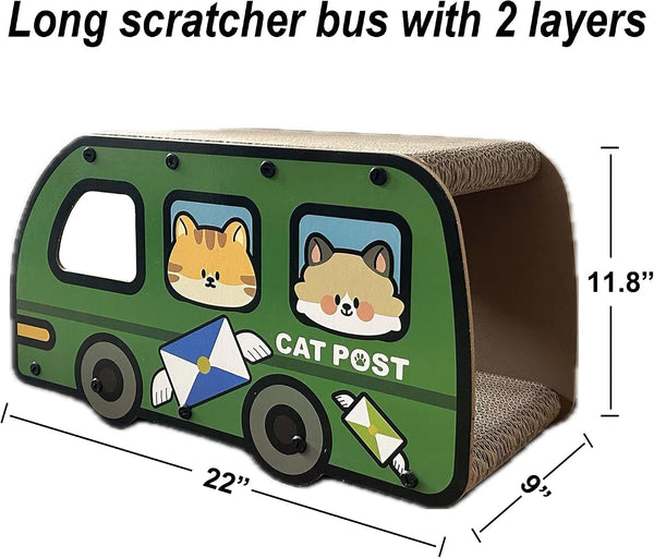 Cat Scratching House, Cat Cardboard House Green Bus, Long Scratching Post, 9X11.8X22 Inches, Fun Cube & Tunnel, Peekaboo Hideaway for Indoor Cats5