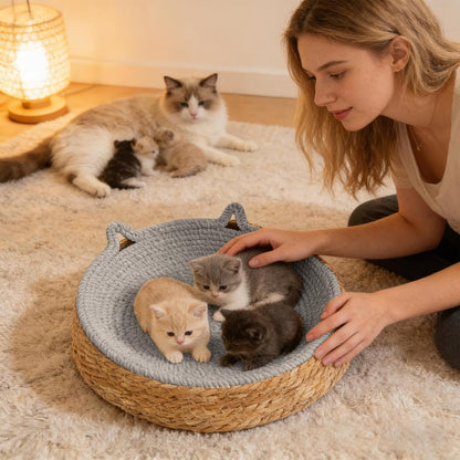 Circle Cat Scratcher Breathable Woven Resting Nest | Kitten Ear Design Cotton Rope round Cat Bed for Play Exercise Enrichment Activity Nail Trimming Paws Care Furniture Safety3