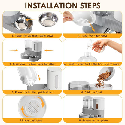 2 in 1 Automatic Gravity Cat Dog Feeder and Water Dispenser with 304 Stainless Steel Bowls, 360 Degree Rotatable Auto Food with 2 Specialized Brushes for Small Medium Pet Dog Puppy Kitten (Gray)7