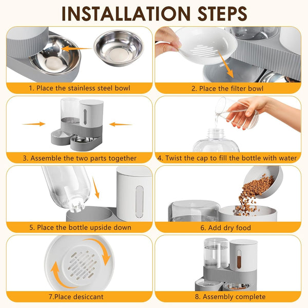 2 in 1 Automatic Gravity Cat Dog Feeder and Water Dispenser with 304 Stainless Steel Bowls, 360 Degree Rotatable Auto Food with 2 Specialized Brushes for Small Medium Pet Dog Puppy Kitten (Gray)7