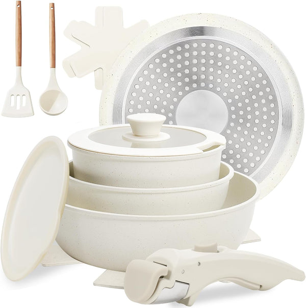 10 Pcs Pots and Pan Set Non Stick with Detachable Handle, White | Non Stick, Detachable, Stackable, Dishwasher ＆ Oven Safe1