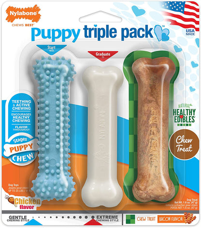 Nylabone Puppy Starter Kit, Dog Chew Toys & Chew Treat, Blue, 3 Count | Small Breeds, Chicken & Bacon Flavor, 2 Chew Toys, 1 Natural Treat, Teething Toys for Puppies, Puppy Enrichment, up to 25 Lbs10