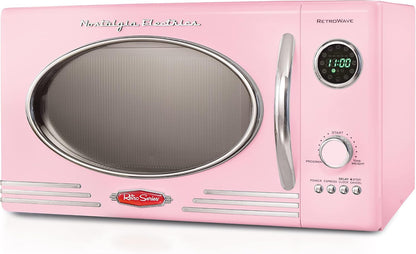 Retro Countertop Microwave Oven - Large 800-Watt - 0.9 Cu Ft - 12 Pre-Programmed Cooking Settings - Digital Clock - Kitchen Appliances - Pink & Retro Wide 2-Slice Toaster, Vintage Design2